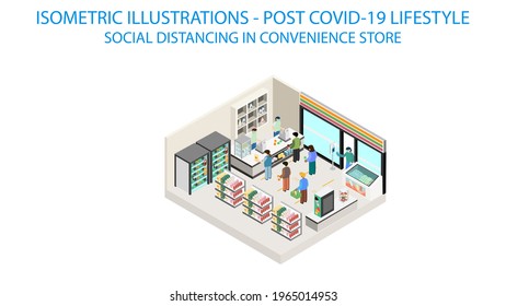 New Normal Life Style In Convenience Store, Wearing Mask And Social Distancing. Isometric Detailing View Point.