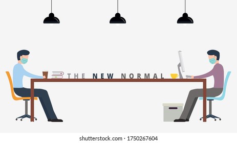 The New Normal. Social Distancing At Office Among Worker Businessman. Employees Are Maintain Distance During Work Or Meeting At Workstation. Safety Awareness Of Coronavirus Covid-19 Pandemic