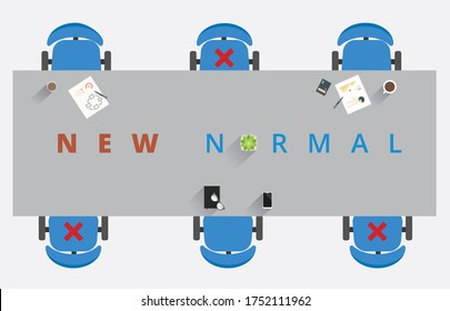 The New Normal. Social Distancing At Office To Maintain Employee Seat Distance In Meeting Conference Room. Safety Awareness Of Coronavirus Covid-19 Pandemic