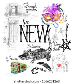 New Orleans, Louisiana. Symbols. Voodoo Magic, French Quarter, Mardi Gras Mask, Crocodile And Green City Tram.