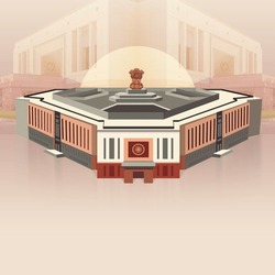 New Parliament Of India, New Delhi. Symbol Of The Constitution Of India. Template For Invitation