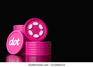 New Polkadot stacked cryptocurrencies. Magenta and white digital coins on black background. Polkadot symbol and DOT ticker icons. High quality 3D rendering.