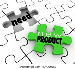 New Product words on a puzzle piece filling customer needs in a gap or underserved or unserved market demand
