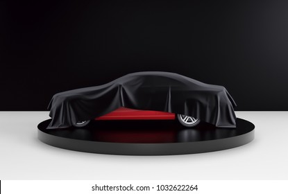 New red car hidden under black cover on black and white background. 3d rendering