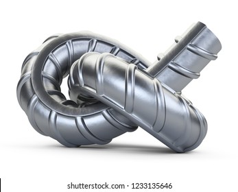 New reinforcements steel bar twisted by a knot close up. 3d illustration isolated on white background.