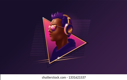 New Retro Wave Portrait Of Young Man With Big Headphones. Poster Template.