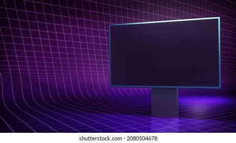 New Retro Wave Virtual Background With An Empty Screen. An Angle View TV Backdrop Ideal For Tech Shows, Or Technology Events. 3D Render Suitable On VR Tracking Systems With Green Screen