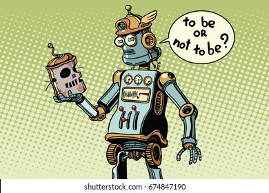 New Robot Looks At The Skull Of Its Predecessor, Technical Progress, In The Pose Of Hamlet. Pop Art Retro  Illustration