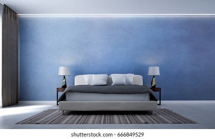 The New Scene 3d Rendering Interior Design Of Minimal Bedroom And Blue Wall Texture 