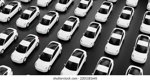 New Self Driving Cars Fleet Waiting To Be Exported, Large Amounts Of  Electric Vehicle In Dealership Parking Lot For Sale, Automotive Business 3d Illustration