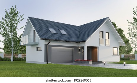 New Single Family House, Exterior View - 3d Illustration