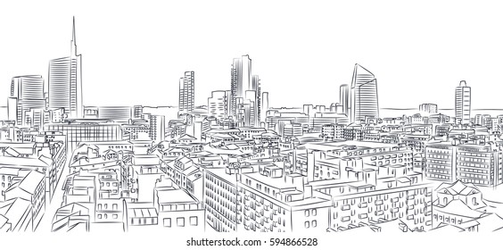 New Skyline Of Milan, Freehand Drawing. Skyscrapers See From Brera District, Italy