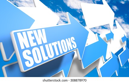 New Solutions - 3d render concept with blue and white arrows flying in a blue sky with clouds