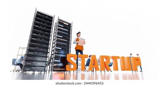 New super computer, new technology in finance, banking and personal data protection, data security business. STARTUP word, 3D rendering
