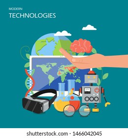 New Technologies Flat Illustration. Human Brain On Hand Palm, Dna Symbol, Lab Flasks, Globe Computer With World Map, Robotics, Vr Glasses. New Technology Advancements And Products Poster Banner