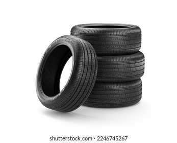 New tires pile on white background - 3d rendering of car tires. Auto service, Tyres stack change, Tyre shop concept. - Powered by Shutterstock