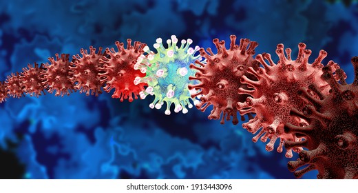 New Variant And Mutating Virus Concept And New Coronavirus B.1.1.7 Outbreak Or Covid-19 Viral Cell Mutation And Influenza Flu Strain Medical Health Risk With Disease Cells As A 3D Render.