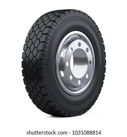 New Vehicle Truck Tire. Big Car Wheel With Disk. 3d Illustration Over White Background.