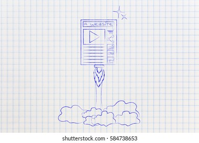 new website launch: webpage flying like a rocket