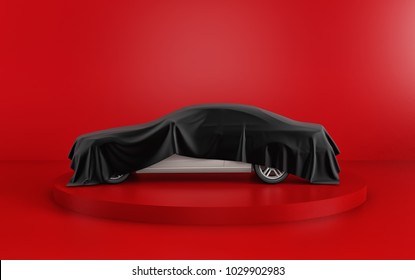 New white car hidden under black cover on red background. 3d rendering