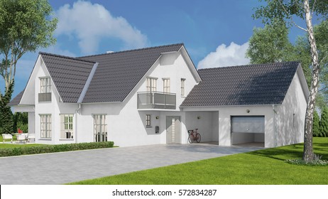New White Single Family Home With Garage And A Carport (3D Rendering)