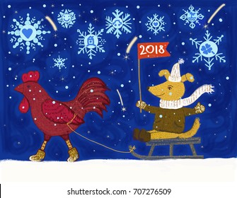 New Year 2018 Card / Chinese Year Of Yellow Dog / Red Rooster Carries On A Sled Yellow Dog Against The Night Sky With Snowflakes And Falling Stars