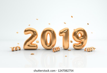 New year 2019 celebration background. Glossy gold metallic numerals 2019, floating confetti and ribbons, white studio. Realistic trendy illustration for New Year's and Christmas banners. 3d render