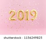 New year 2019 celebration. Gold foil balloons numeral 2019 and confetti on pink background. 3d rendering