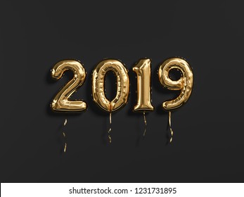 New year 2019 celebration. Gold foil balloons numeral 2019 and on black wall background. 3D rendering - Powered by Shutterstock