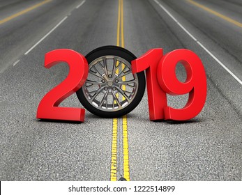 New Year 2019 with Wheel - 3D Rendering Image