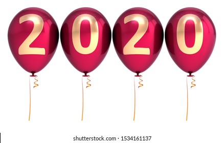 New Year 2020 Balloons Party Baloons Red Gold Sparkling Glossy. Merry Christmas Banner Number Twenty Background. 3d Rendering