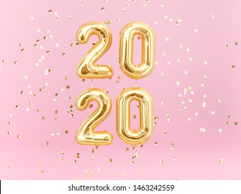 New Year 2020 Celebration. Gold Foil Balloons Numeral 2020 And Confetti On Pink Background. 3D Rendering