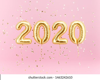 New year 2020 celebration. Gold foil balloons numeral 2020 and confetti on pink background. 3D rendering