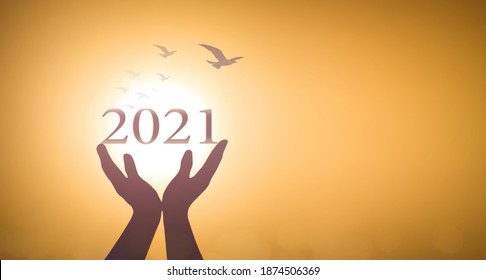New year 2021 concept: Silhouette hands show 2021 against birds flying on blurred yellow sunrise background - Shutterstock ID 1874506369