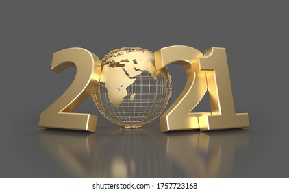 New Year 2021 Creative Design Concept With Globe - 3D Rendered Image