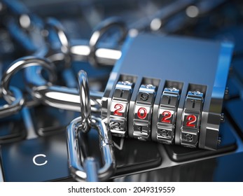 New Year 2022 code lock. on computer keyboard. 2022 year in cyber security and internet data protection concept. 3d illustration