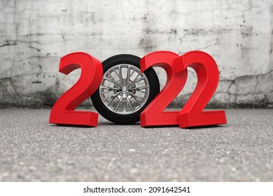 New Year 2022 Creative Design Concept With Wheel - 3D Rendered Image