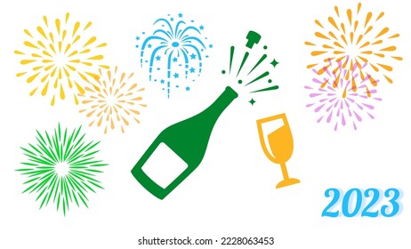 New year 2023 illustration with champagne glass and fireworks. New Year's dedication, New Year's postcard, Festive poster. - Powered by Shutterstock