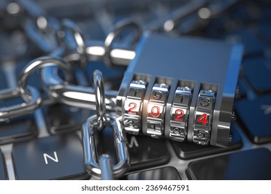 New Year 2024 code lock. on computer keyboard.. Cyber security and internet data protection  trends 2024 concept. 3d illustration