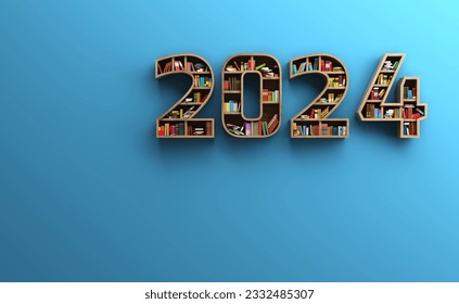 New Year 2024 Creative Design Concept with Book Shelf - 3D Rendered Image - Powered by Shutterstock