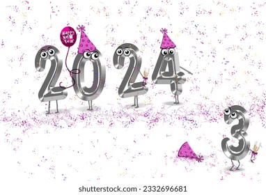 New Year 2024 humorous illustration with pink party hats and confetti - Powered by Shutterstock