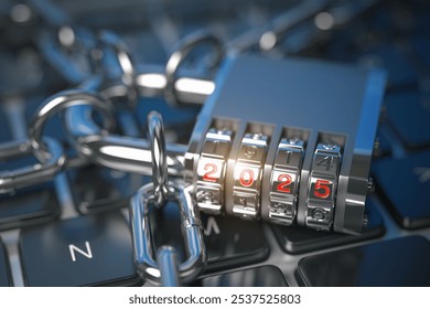 New Year 2025 code lock. on computer keyboard.. Cyber security and internet data protection  trends 2025 concept. 3d illustration