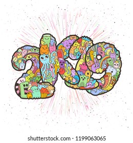 New year 2K19. Monster doodle date. Ornate holiday symbol. Raster illustration for prints and design.