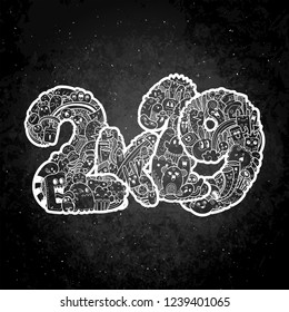New year 2K19. Monster doodle date. Ornate holiday symbol. Raster illustration for prints and design on a blackboard