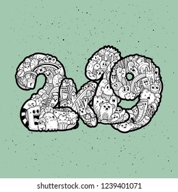 New year 2K19. Monster doodle date. Ornate holiday symbol. Raster illustration for prints and design on a blackboard