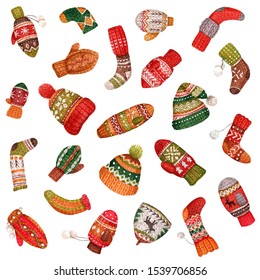 New year or autumn design. Watercolor illustration with socks, mittens and hats on a white background. Warm mittens, an illustration for postcards, posters, textile design and other souvenirs.