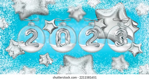 New Year Banner With Star Ballon And Balloon Numbers 2023 In Christmas Ball. 3d Rendering Silver Christmas Elements. Snow Postcard.Merry Christmas And Happy New Year. Realistic Foil. 3D Illustration