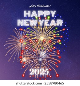 A New Year card featuring a dazzling firework display in the night sky. Perfect for celebrating new beginnings, this festive design captures the excitement and joy of ringing in the New Year.