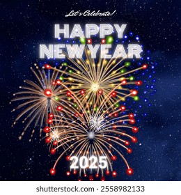 A New Year card featuring a dazzling firework display in the night sky. Perfect for celebrating new beginnings, this festive design captures the excitement and joy of ringing in the New Year.
