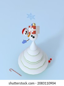 New Year And Christmas Background. Snowman Balancing On Christmas Tree. Top Down View. 3d Render. Subjects Clipping Path Included.